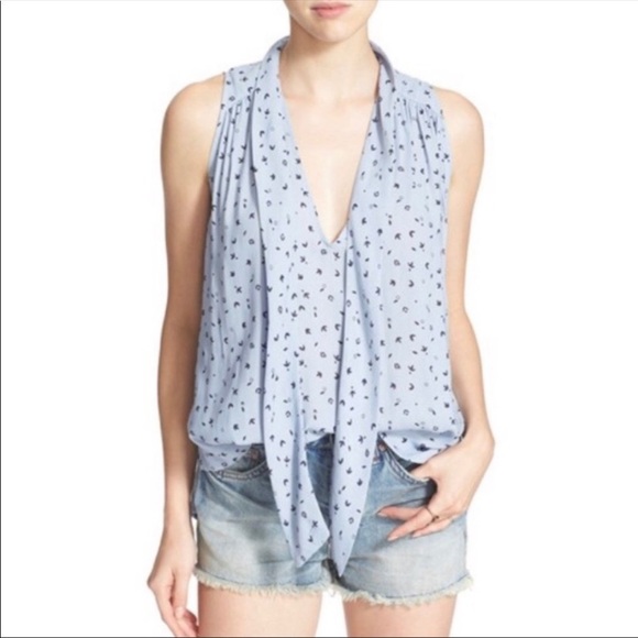 • FREE PEOPLE • blue tie neck patterned blouse - Picture 2 of 6